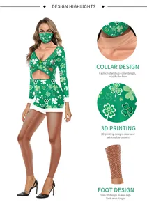 Detail of St. Patrick's Day bodysuit with 3D green shamrock print and stand collar