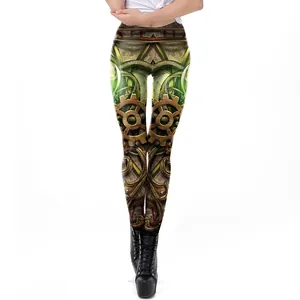 Women's steampunk leggings with mechanical gear print and vintage clock elements