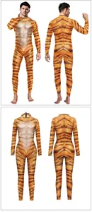 Detail of tiger print jumpsuit showing 3D digital muscle texture for Halloween cosplay