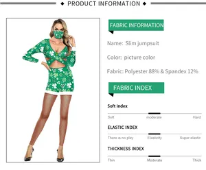 Detail of St. Patrick's Day slim green jumpsuit with clover print and fabric parameters