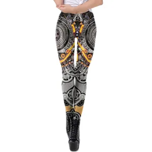 Women's steampunk leggings with 3D mechanical gears print and slim fit design