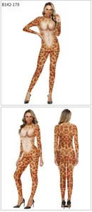 Detail of giraffe print jumpsuit featuring realistic 3D torso muscle digital printing