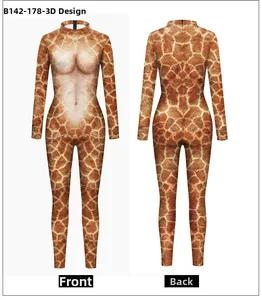 Front and back view of giraffe print bodysuit with 3D muscle printing and back zipper