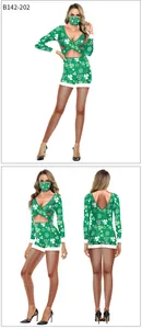 Detail view of St. Patrick's Day green clover jumpsuit with V-neck and hollow-out waist
