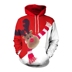 Sweat à capuche Noël avec imprimé renne 3D et blocs de couleurs rouge et blanc