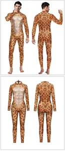 Front and back detail of adult slim-fit jumpsuit featuring realistic giraffe pattern print