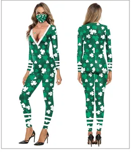 Detail of shamrock print jumpsuit with matching face mask for St. Patrick's Day
