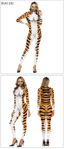 Detail view of tiger print jumpsuit and mask featuring realistic digital animal patterns