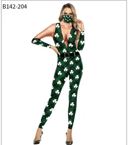 Detail of St. Patrick's Day green plaid bodysuit with shamrock print and matching mask