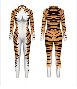 Detailed front and back view of tiger print jumpsuit with high neck and zip closure