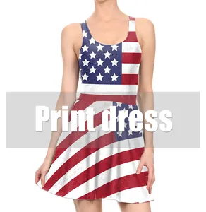 Detail view of sleeveless print dress with American flag stars and stripes pattern