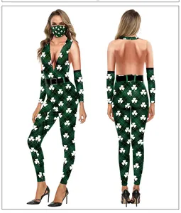 Close-up of St. Patrick's Day green clover jumpsuit with matching mask and sleeves