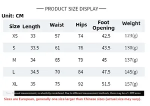 Detailed size chart for women's high stretch peach butt lifting yoga shorts with measurements