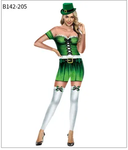 Detailed view of women's Irish Leprechaun costume with mini hat and green dress