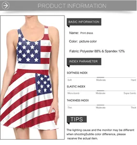 Detailed fabric chart showing 88% polyester blend and stars and stripes print on a fitted dress
