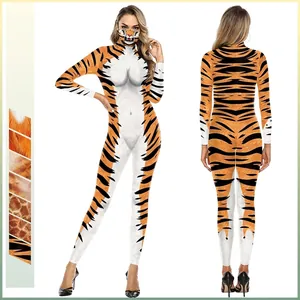 3D Digital Print Animal Jumpsuit Long Sleeve Slim Fit Halloween Cosplay Bodysuit Tiger Giraffe Pattern Party Wear Women