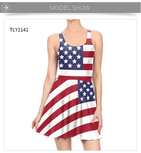 Detailed view of women sleeveless A-line dress featuring American flag digital print