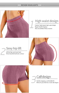 Detail of high waisted purple yoga shorts with honeycomb texture and butt lifting seams