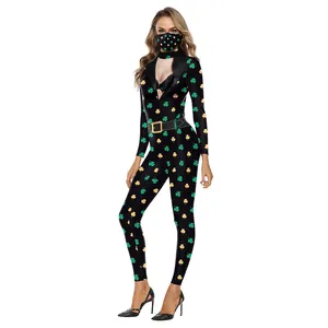 Tuta da donna per San Patrizio con stampa di trifoglio verde e maschera coordinata