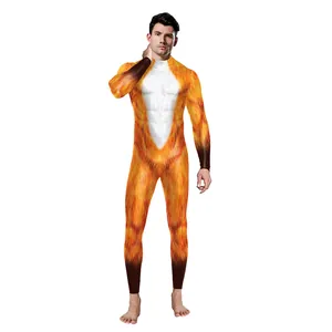 Men's sleek animal print bodysuit featuring realistic tiger fur pattern and muscle design