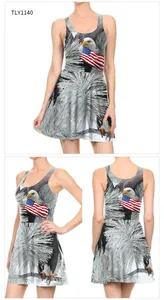 Three-view display of slim fit tank dress with eagle and American flag digital print
