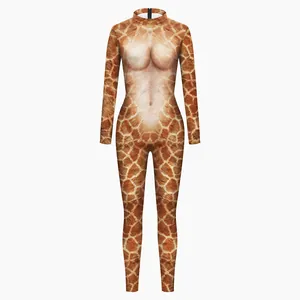 Slim fit giraffe print jumpsuit featuring 3D anatomical body art for Halloween costume