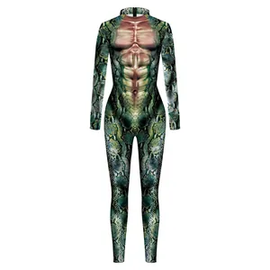 Grüner Body mit Schlangenmuster und 3D-Muskeldruck für Cosplay und Halloween-Kostüme