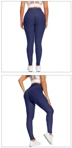 Detailed view of high waisted navy blue yoga leggings with honeycomb texture and butt lift design
