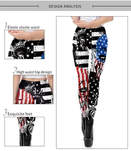 Detalle de la cintura alta elástica y el estampado 3D en los leggings estilo rock