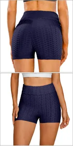 Detailed views of dark blue honeycomb textured high-waist scrunch butt yoga shorts