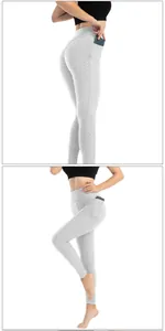Dettaglio dei leggings yoga a vita alta con trama a nido d'ape grigia e tasca laterale