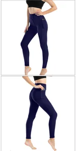 Dettaglio dei leggings blu navy a vita alta a nido d'ape con tasca laterale per telefono