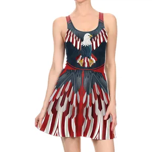 Women's patriotic sleeveless dress featuring American eagle print and flag colors