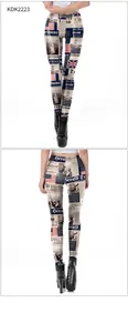 Detalle de leggings de cintura alta con estampado de periódico vintage y banderas