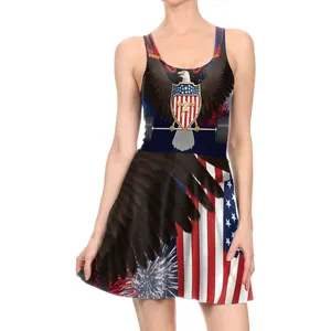 Women's slim fit sleeveless dress with patriotic USA digital print and A-line skirt