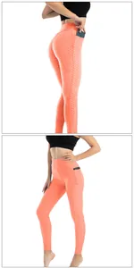 Dettaglio dei leggings arancioni a nido d'ape a vita alta con tasche laterali porta cellulare