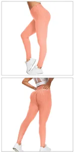 Detail of high waist honeycomb textured yoga leggings in bright coral orange with scrunch butt