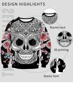 Detail von 3D-Totenkopf- und Blumendruck auf Sweatshirt mit Rundhalsausschnitt