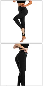 Dettaglio dei leggings yoga neri a nido d'ape con pratica tasca laterale per cellulare