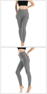 Dettaglio dei leggings yoga grigi a vita alta con trama a nido d'ape e tasche laterali