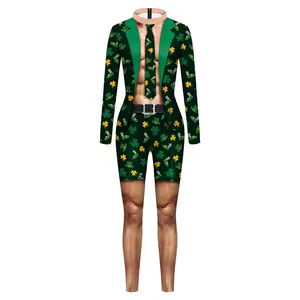 Men's St. Patrick's Day bodysuit with shamrock print and realistic muscle pattern