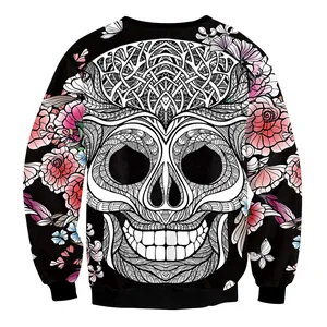 Damen Casual Rundhals Sweatshirt 3D Digitaldruck Totenkopf Blumenmuster Langarm Locker Passend Gothic Streetwear Pullover Top
