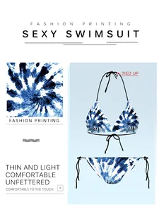 Texture macro du tissu tie-dye et vue complète de l'ensemble bikini sexy