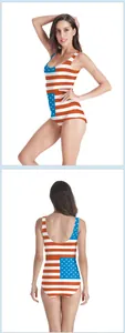 Detail view of American flag one-piece swimsuit with star and stripe digital print