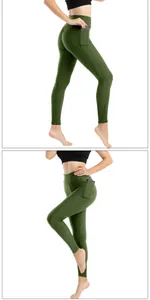 Dettaglio dei pantaloni yoga verde oliva con texture a nido d'ape e tasche laterali