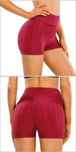 Detail of dark red honeycomb texture yoga shorts with scrunch butt lifting effect