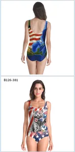 Detail view of USA flag one-piece swimsuit featuring creative cat and world map prints