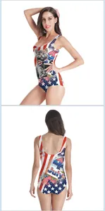 Front and back view of USA flag themed one-piece swimsuit with cute kitten print