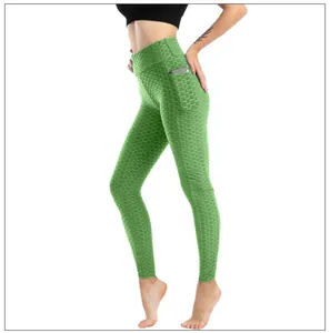 Macro di leggings da yoga verdi a nido d'ape con pratica tasca laterale per il cellulare