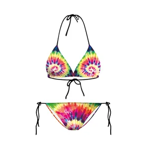 Ensemble bikini deux pièces tie-dye arc-en-ciel avec haut licou et bas à nouer